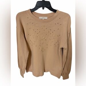 LOFT Eyelet Floral Embroidered 100% Cotton Sweatshirt in Tan Neutral | XS